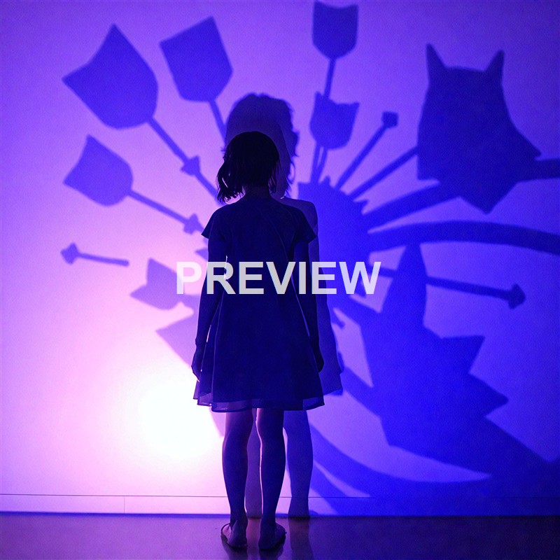 A person standing in front of a wall with a shadow projection of a woman with flowers and a cat, illuminated by purple and blue lighting.